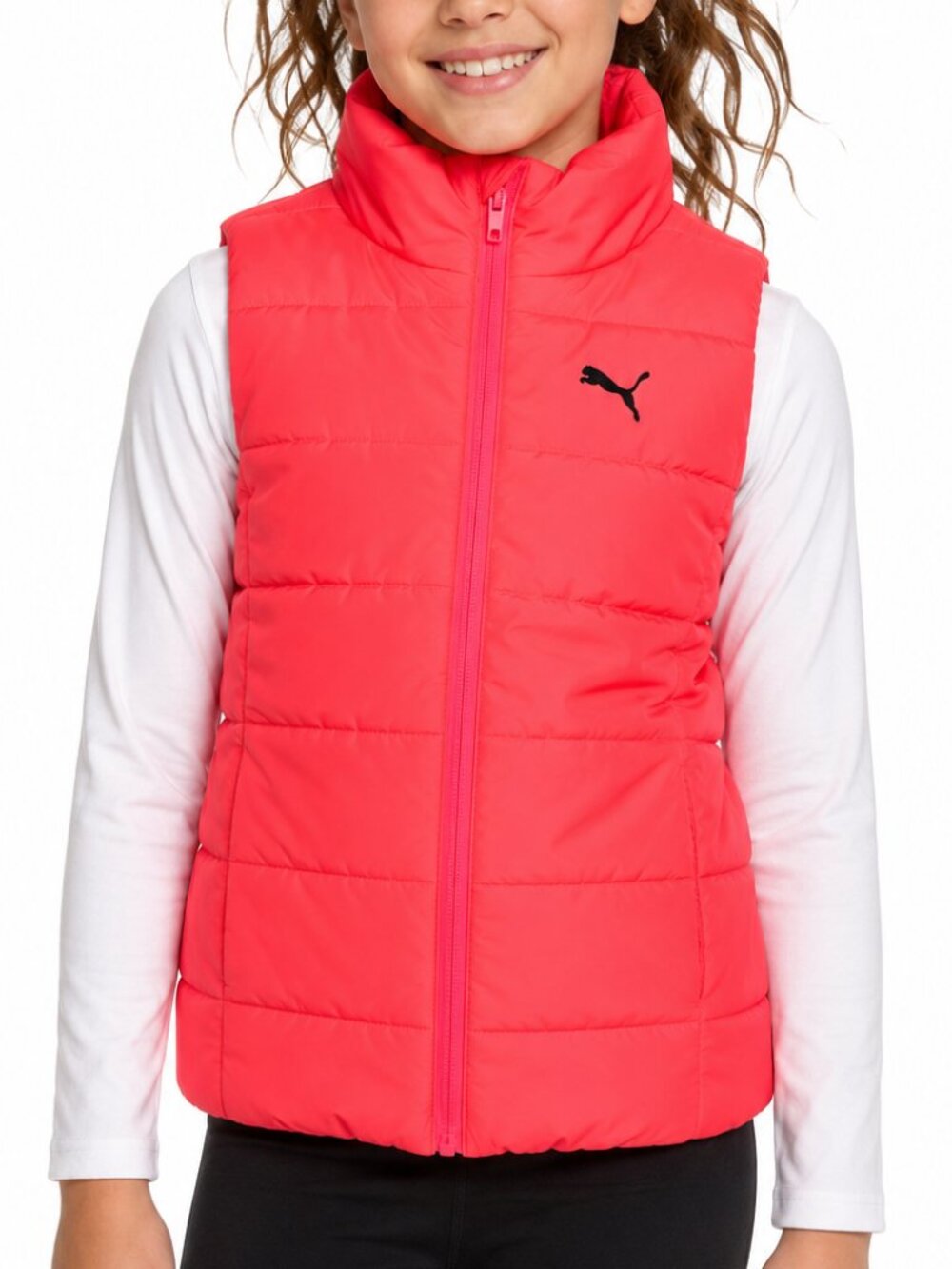 PUMA Neon Pink Puffer Vest Youth Medium 10 12 Streetwear Bright Quilted Full Zip